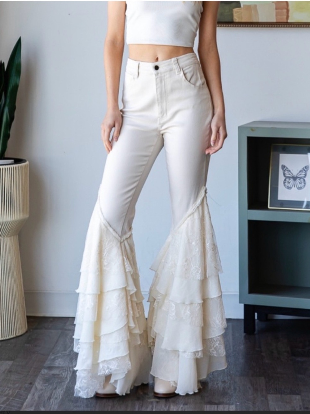 OLI AND HALI High-Waist White Layered Ruffle Flare Jeans